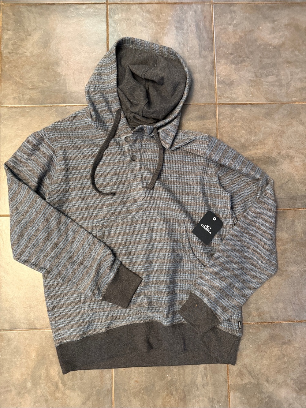 O'Neill Men's Gray Hooded Pullover with Blue Stripe
